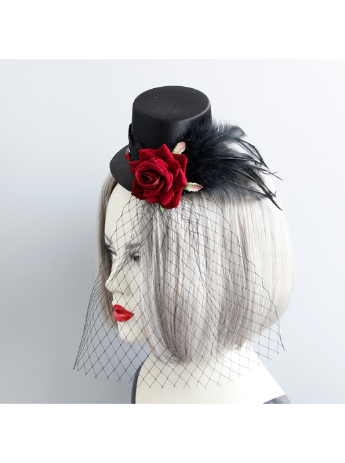 Gothic Punk Retro Red Rose Feather Mesh Sexy Black Topper Hairpin