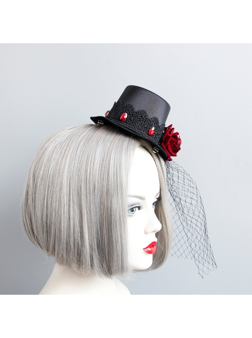 Gothic Punk Retro Red Rose Feather Mesh Sexy Black Topper Hairpin