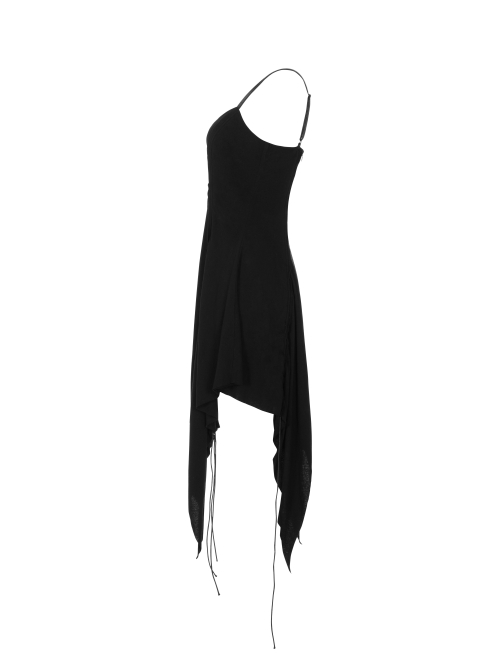 Leather Shoulder Strap Irregular Sharp Corner Hem Black Gothic Sling Dress