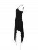 Leather Shoulder Strap Irregular Sharp Corner Hem Black Gothic Sling Dress