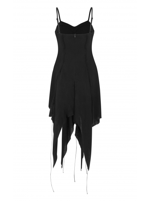 Leather Shoulder Strap Irregular Sharp Corner Hem Black Gothic Sling Dress