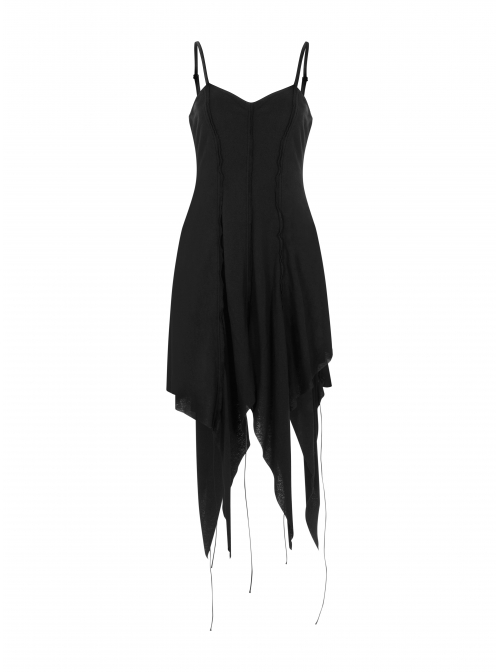 Leather Shoulder Strap Irregular Sharp Corner Hem Black Gothic Sling Dress