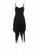 Leather Shoulder Strap Irregular Sharp Corner Hem Black Gothic Sling Dress