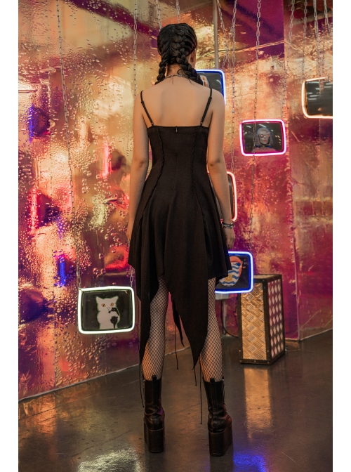 Leather Shoulder Strap Irregular Sharp Corner Hem Black Gothic Sling Dress