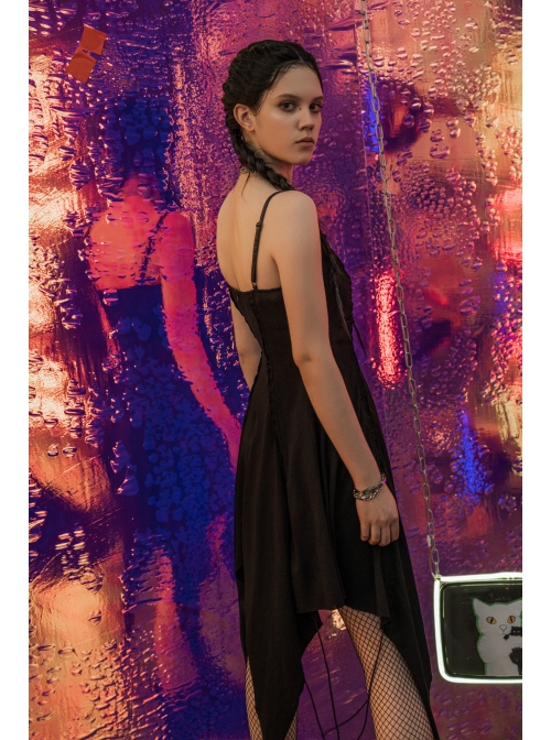 Leather Shoulder Strap Irregular Sharp Corner Hem Black Gothic Sling Dress