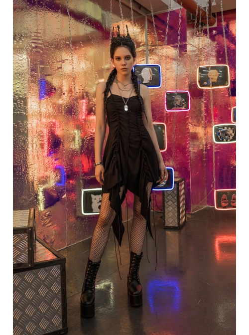 Leather Shoulder Strap Irregular Sharp Corner Hem Black Gothic Sling Dress