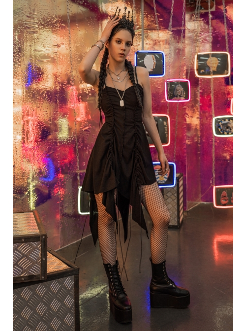 Leather Shoulder Strap Irregular Sharp Corner Hem Black Gothic Sling Dress