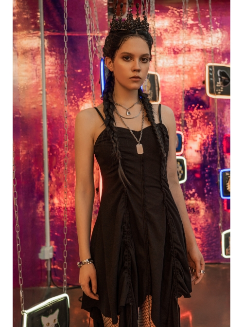 Leather Shoulder Strap Irregular Sharp Corner Hem Black Gothic Sling Dress