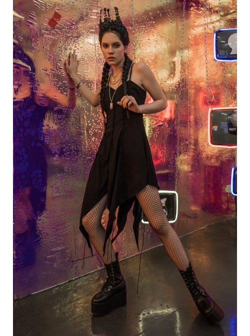 Leather Shoulder Strap Irregular Sharp Corner Hem Black Gothic Sling Dress