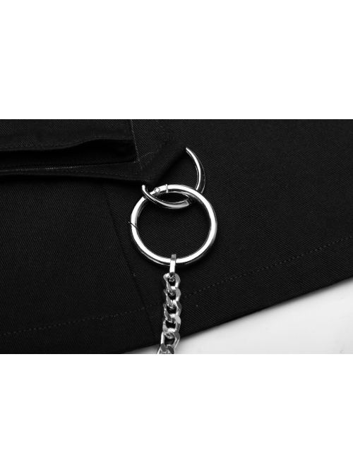 Buckle Belt Side Embroidery Pocket Metal Chain Decoration Black Punk A-Shape Skirt