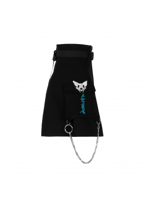Buckle Belt Side Embroidery Pocket Metal Chain Decoration Black Punk A-Shape Skirt