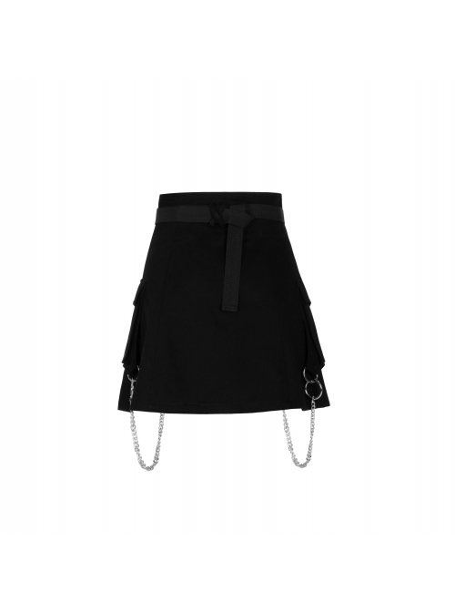 Buckle Belt Side Embroidery Pocket Metal Chain Decoration Black Punk A-Shape Skirt