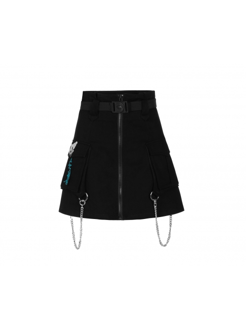 Buckle Belt Side Embroidery Pocket Metal Chain Decoration Black Punk A-Shape Skirt