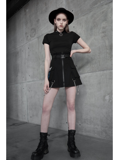Buckle Belt Side Embroidery Pocket Metal Chain Decoration Black Punk A-Shape Skirt
