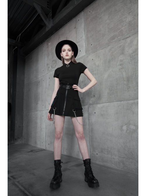 Buckle Belt Side Embroidery Pocket Metal Chain Decoration Black Punk A-Shape Skirt