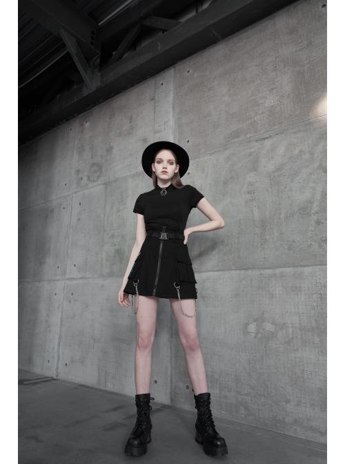 Buckle Belt Side Embroidery Pocket Metal Chain Decoration Black Punk A-Shape Skirt