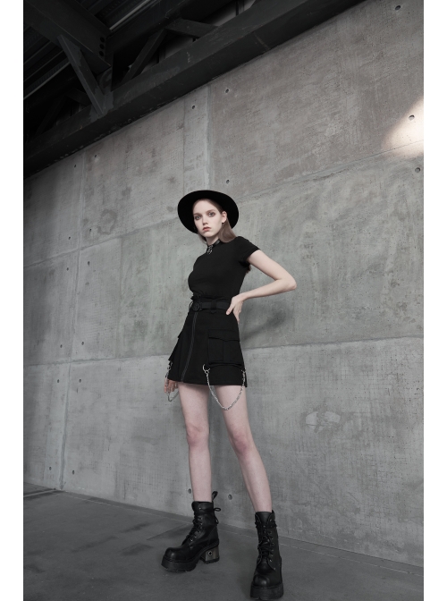 Buckle Belt Side Embroidery Pocket Metal Chain Decoration Black Punk A-Shape Skirt