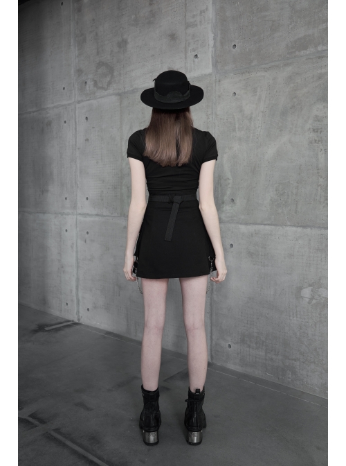 Buckle Belt Side Embroidery Pocket Metal Chain Decoration Black Punk A-Shape Skirt