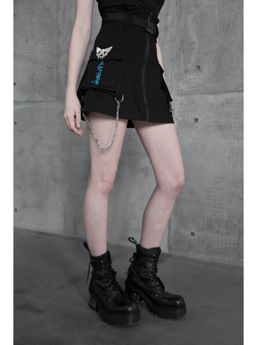 Buckle Belt Side Embroidery Pocket Metal Chain Decoration Black Punk A-Shape Skirt