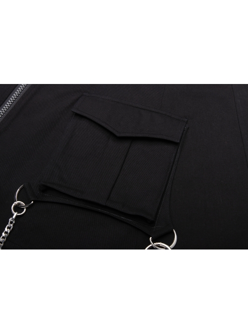 Buckle Belt Side Embroidery Pocket Metal Chain Decoration Black Punk A-Shape Skirt