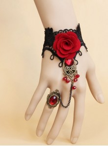 Gothic Bride Wedding Dress Red Rose Lace Gemstone Bracelet With Ring One Chain