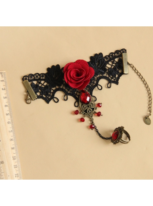 Gothic Bride Wedding Dress Red Rose Lace Gemstone Bracelet With Ring One Chain
