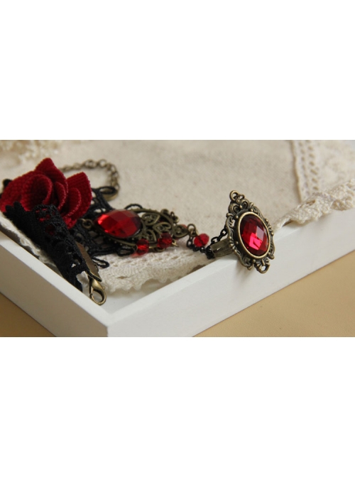 Gothic Bride Wedding Dress Red Rose Lace Gemstone Bracelet With Ring One Chain