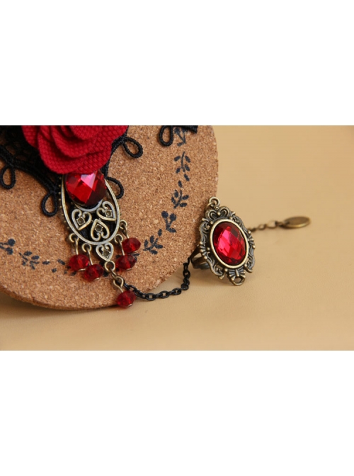 Gothic Bride Wedding Dress Red Rose Lace Gemstone Bracelet With Ring One Chain