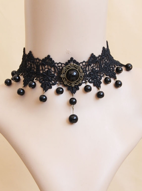 Fashion Evening Dress Prom Black Gothic Lace Pearl Choker