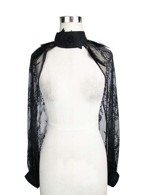 Black Transparent Lace Trim Rose Feather Gothic Shawl