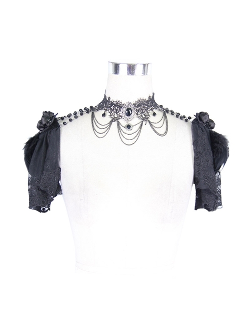 Black Lace Feather Lace Bead Chain Connected Detachable Brooch Gothic Shawl
