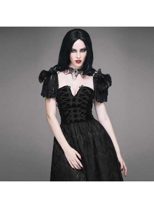 Black Lace Feather Lace Bead Chain Connected Detachable Brooch Gothic Shawl