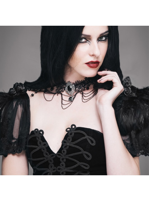 Black Lace Feather Lace Bead Chain Connected Detachable Brooch Gothic Shawl