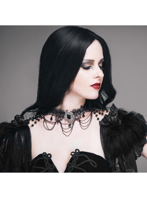 Black Lace Feather Lace Bead Chain Connected Detachable Brooch Gothic Shawl