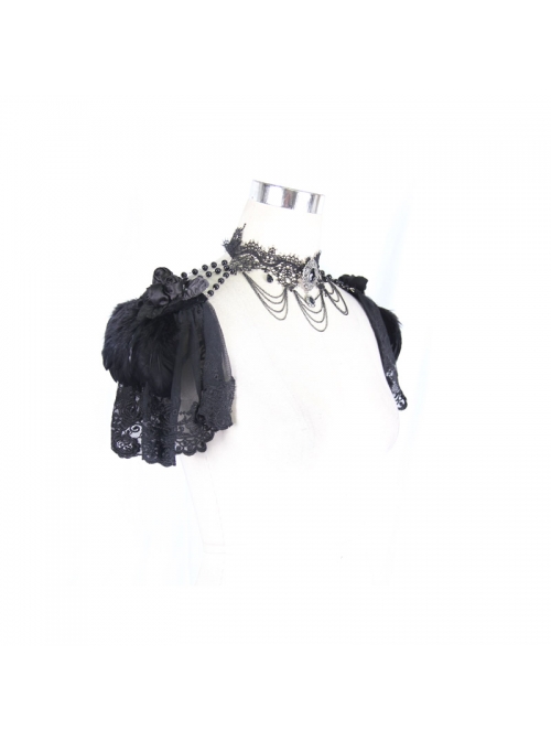 Black Lace Feather Lace Bead Chain Connected Detachable Brooch Gothic Shawl