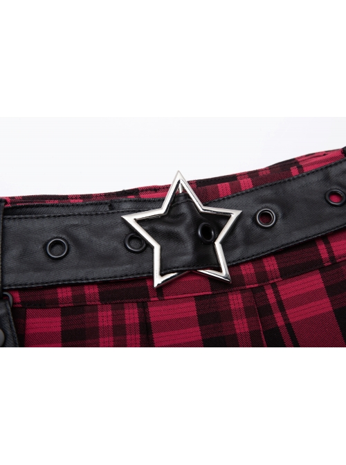Metal Buckle Pendant Decorative Belts Red Plaid Punk Pleated Skirt