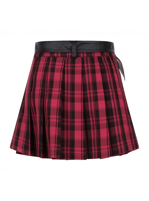 Metal Buckle Pendant Decorative Belts Red Plaid Punk Pleated Skirt