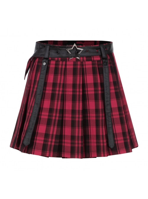 Metal Buckle Pendant Decorative Belts Red Plaid Punk Pleated Skirt