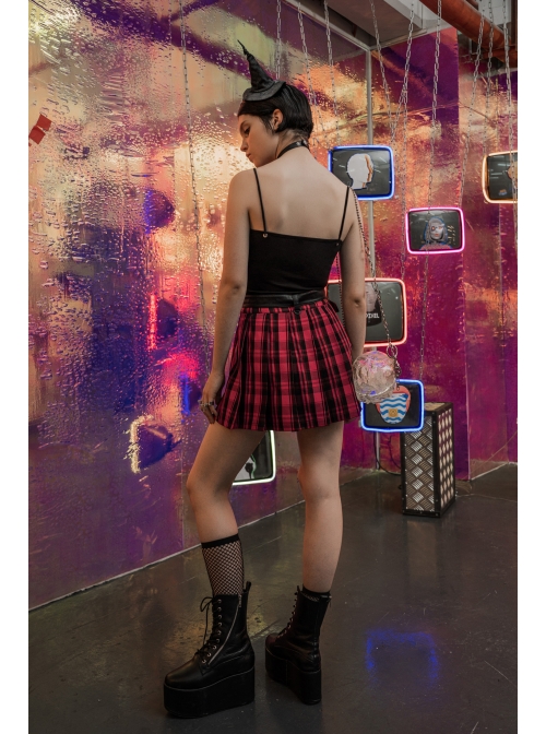 Metal Buckle Pendant Decorative Belts Red Plaid Punk Pleated Skirt