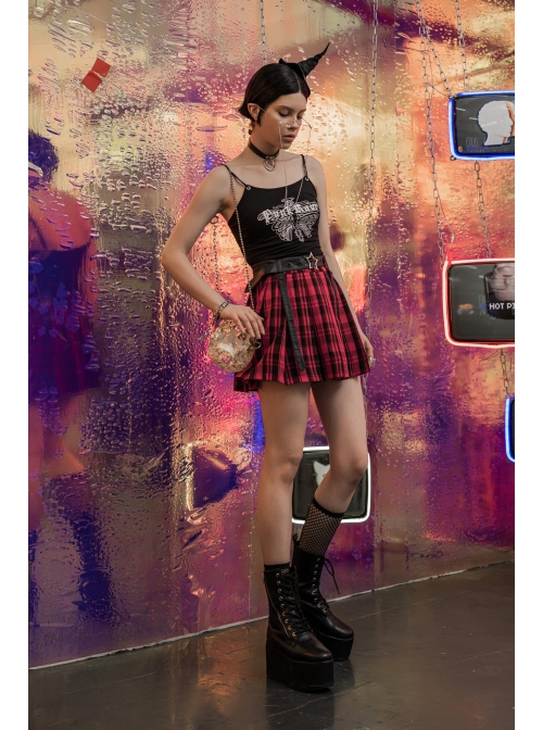 Metal Buckle Pendant Decorative Belts Red Plaid Punk Pleated Skirt