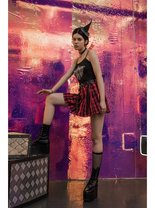 Metal Buckle Pendant Decorative Belts Red Plaid Punk Pleated Skirt