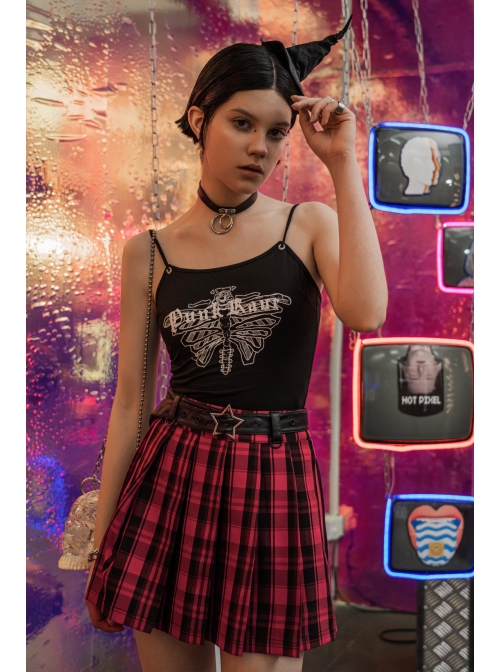 Metal Buckle Pendant Decorative Belts Red Plaid Punk Pleated Skirt