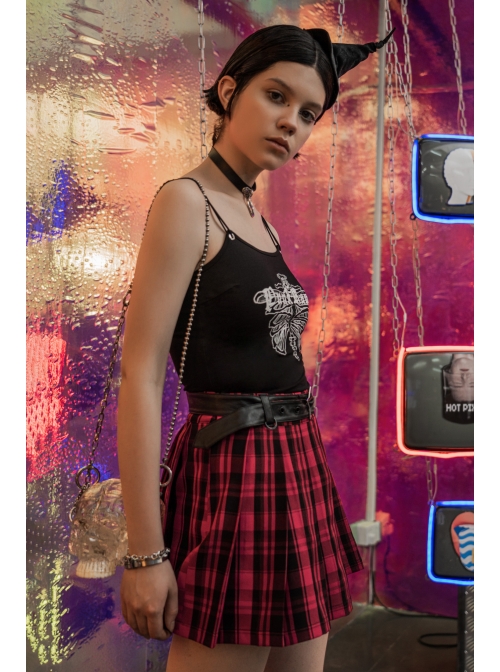 Metal Buckle Pendant Decorative Belts Red Plaid Punk Pleated Skirt