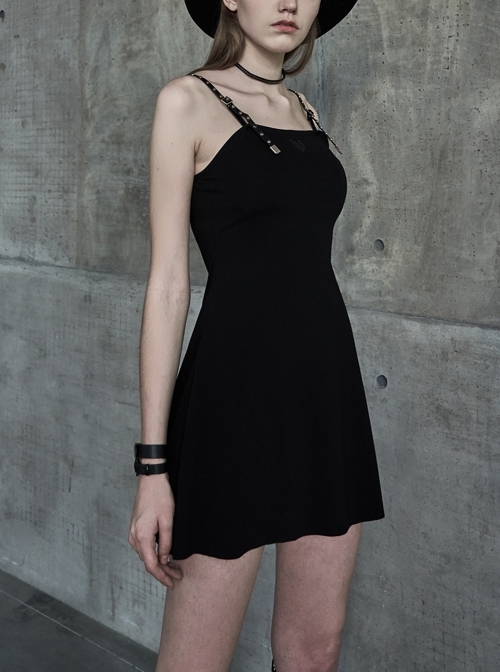 Metal Nail Leather Shoulder Strap Front Chest Coriaceous Love Embroidery Black Punk Sling Dress