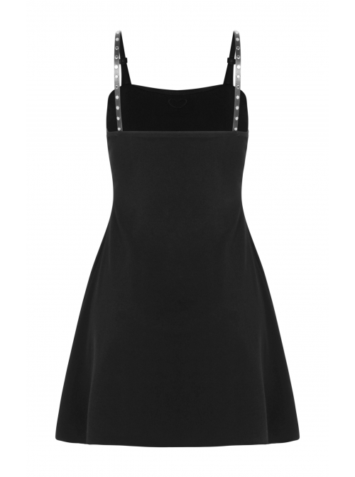 Metal Nail Leather Shoulder Strap Front Chest Coriaceous Love Embroidery Black Punk Sling Dress