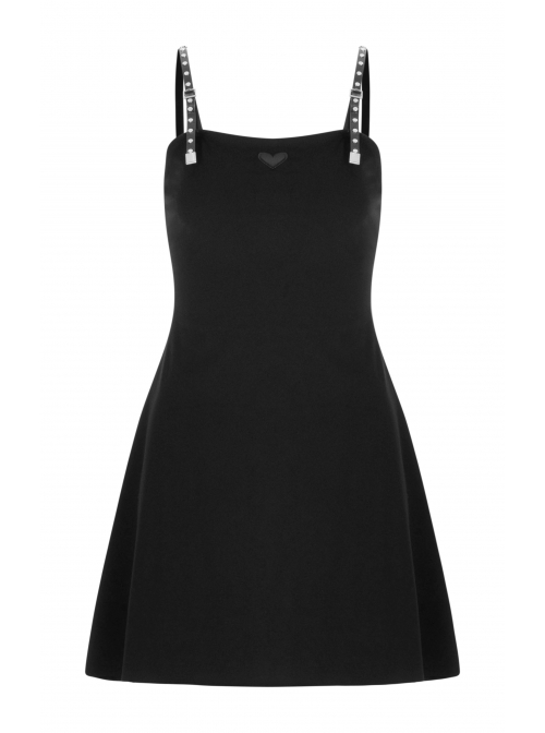 Metal Nail Leather Shoulder Strap Front Chest Coriaceous Love Embroidery Black Punk Sling Dress