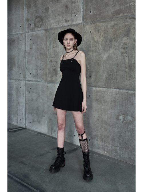 Metal Nail Leather Shoulder Strap Front Chest Coriaceous Love Embroidery Black Punk Sling Dress