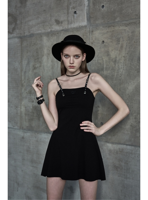 Metal Nail Leather Shoulder Strap Front Chest Coriaceous Love Embroidery Black Punk Sling Dress