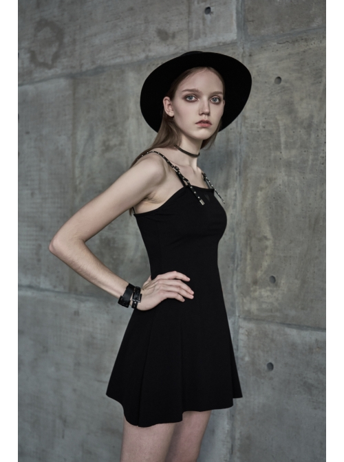 Metal Nail Leather Shoulder Strap Front Chest Coriaceous Love Embroidery Black Punk Sling Dress