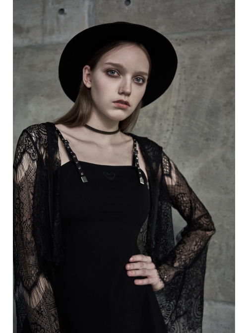 Metal Nail Leather Shoulder Strap Front Chest Coriaceous Love Embroidery Black Punk Sling Dress
